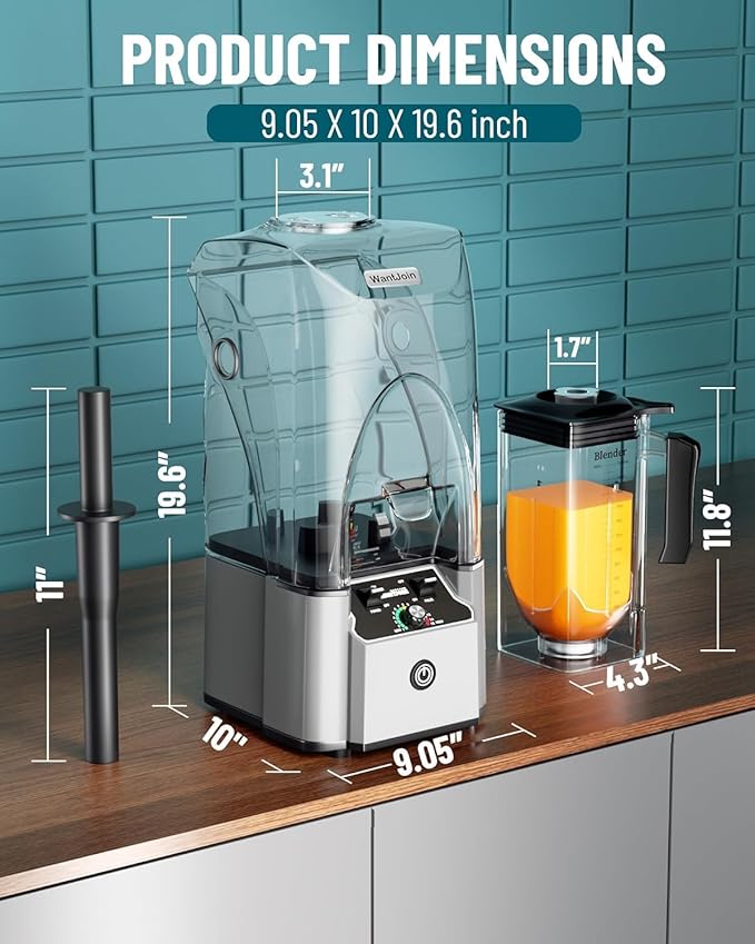 WantJoin Commercial Professional Blender With Shield Quiet Sound Enclosure 2200W Industries Strong and Quiet Professional-Grade Power, Self-Cleaning, Silver
