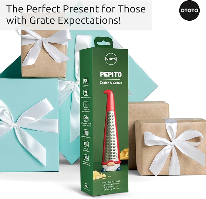 OTOTO Grater - Stainless Steel, BPA Free, Dishwasher Safe, Fun Kitchen Gadget, Vegetable Shredder, Cute Kitchen Gifts & Accessories (Pepito Gnome Grater, Red)