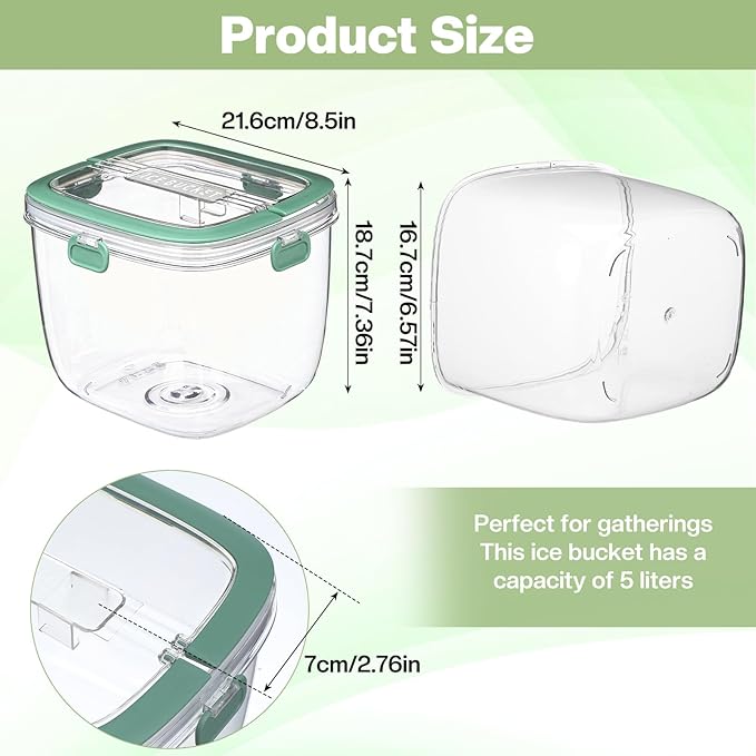 5L Ice Cube Storage Bin with Lid and Tong, Clear Ice Bucket for Freezer Portable Plastic Refrigerator Containers Wine Ices Bucket with Handle for Whiskey Cocktail Bar Parties Outdoor Camping