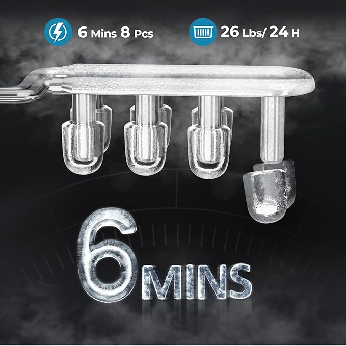 Countertop Ice Maker, 26 lbs/Day ice Production, 2 Sizes, 8 ice Cubes in 6 Minutes - Portable Mini, Energy Efficient, with Basket/Scoop for Home/Party/Travel/Camping/Bar