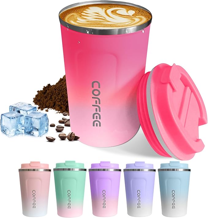 SPLMIFA Travel Coffee Mugs Leak-Proof, Reusable Coffee Cups with Lids, Stainless Steel Vacuum Insulated Coffee Tumblers, Thermal Insulation Cups for Men & Women Hot & Cold Drinks(2nd-Red White, 12OZ)