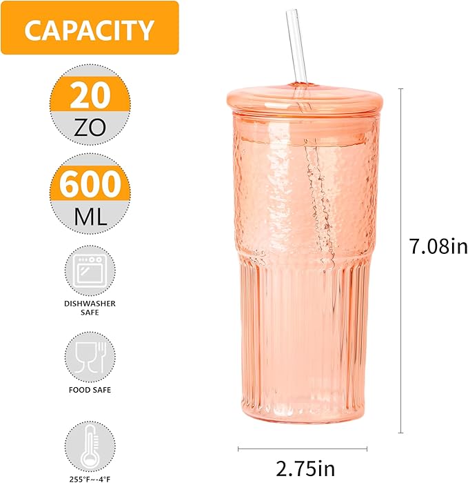 QWEZXO 20 OZ Glass Cup with Lids and Glass Straws, High Borosilicate Iced Coffee Glass Tumblers with Lid and Straw for Drinks, 2pcs Reusable Wide Mouth Smoothie Cup(Orange)
