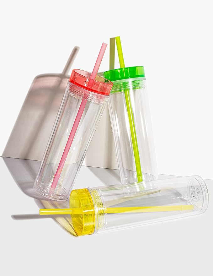 SKINNY TUMBLERS 4 Colored Acrylic Tumblers with Lids and Straws | Skinny, 16oz Double Wall Clear Plastic Tumblers With FREE Straw Cleaner & Name Tags! (Multicolor, 4)