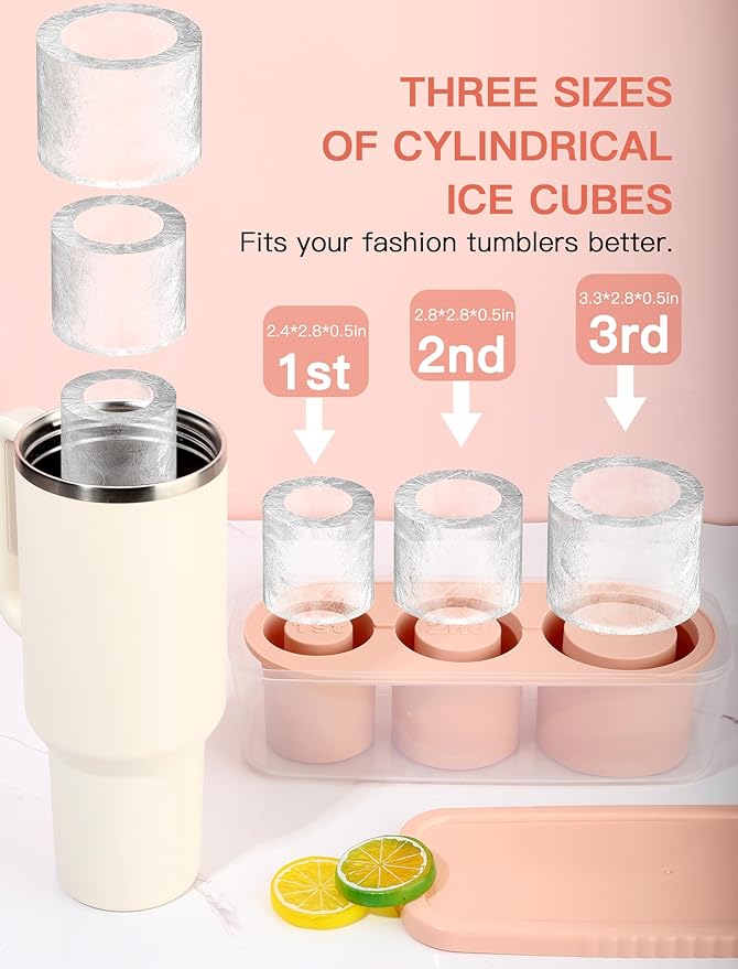 Ice Cube Tray for Tumbler Cup 30Oz-40Oz, 3 Pcs Silicone Cylinder Ice Mold with Lid and Bin for Freezer, Easy Fill and Release Ice Maker for Whiskey, Cocktail BPA-Free (Pink, 40Oz-Type1)