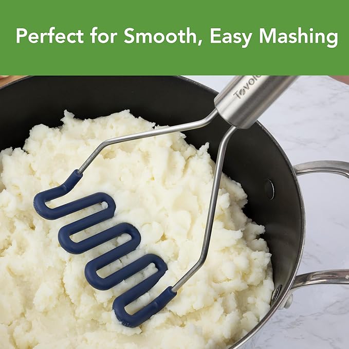 Tovolo Silicone Potato Masher Stainless Steel Handle Deep Indigo Dishwasher Safe Heat Resistant Non Scratch Handheld Coil Wire Potato Smasher for Nonstick Pans Ergonomic Kitchen Food Prep Tool