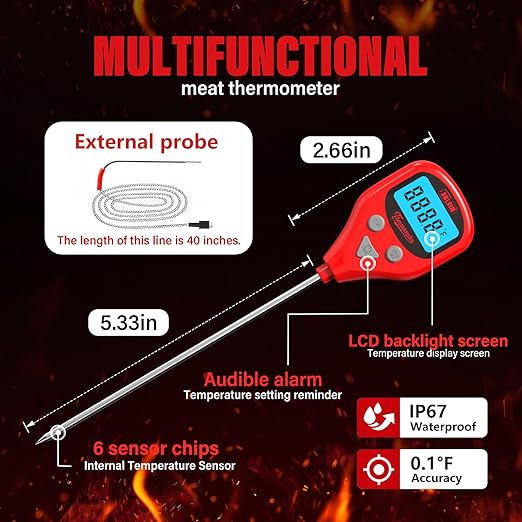 AWLKIM Digital Meat Thermometer with 40-Inch Leave-in External Probe, Rechargeable Instant Read Food Thermometer for Grill BBQ Smoker Oven Kitchen, IP67 Waterproof, Audible Alarm & Hold Function