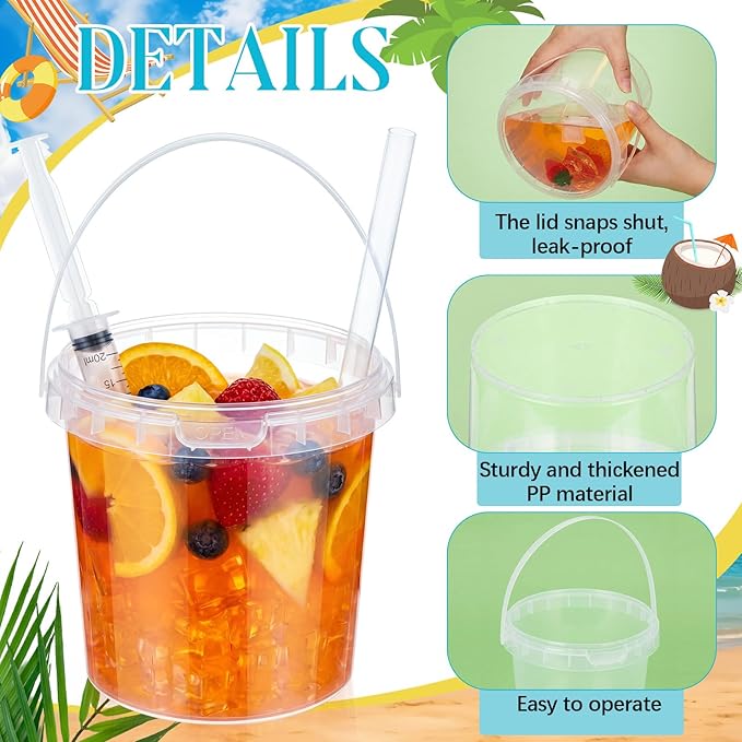 Willinglong 20 Set 50oz Clear Plastic Drink Buckets Rum Buckets for Drink with Straws, Lids and Beverage Syringes Reusable Iced Coffee Cups for Rum Wine Beer Cocktail Beverage Lemonades