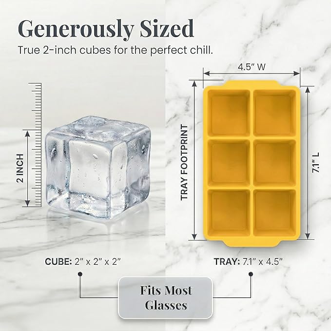 KitchFort Large Silicone Ice Cube Tray (2-Pack), Easy Release 2" Big Ice Cubes - Cocktail, Whiskey Ice Cubes Mold - Ice Trays for Freezer with Lid - Stackable Silicone Ice Tray - Mustard Yellow
