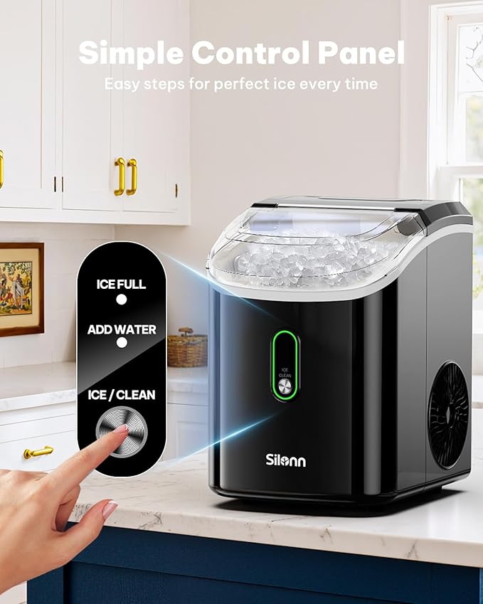 Silonn Nugget Ice Maker Countertop, Pellet Ice Machine with Self-Cleaning Function, Sonic Ice Maker Produces 33lbs of Chewable Ice in 24 Hours, Ideal for Home Kitchen and Office (Black)