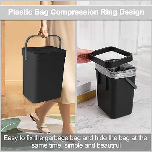 1.3 Gallon/5L Kitchen Compost Bin, Suitable for Countertops or Under Sink, Hanging Hook Trash Can with Lid, Ideal for Cabinets/Bathrooms/Bedrooms/Offices/Camping (Black)