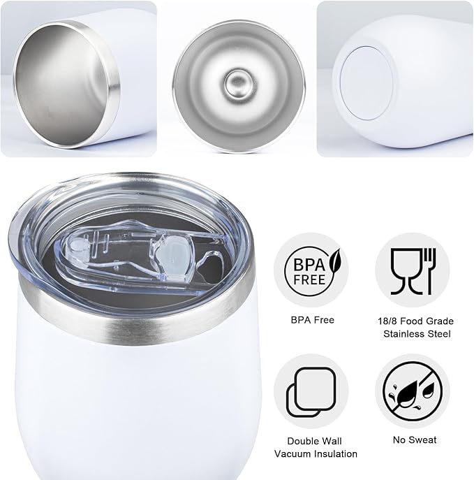 MEZMUT 12oz Insulated Wine Tumbler with Lid Double Wall Vacuum Stainless Steel Wine Glass Coffee Mug Insulated Tumbler Cup for Champaign, Cocktail, Beer (White,4 Pack)