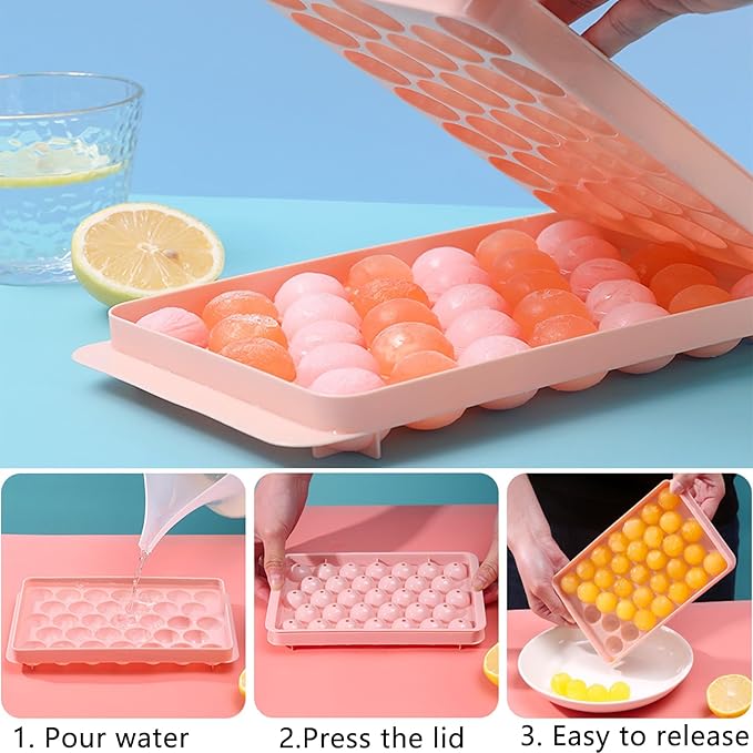 Round Ice Cube Tray with Lid, Mini Ice Ball Maker Mould for Freezer 33 Reusable Sphere Circle Ice Making Mold Easy Release for Water Cocktail Whiskey Coffee
