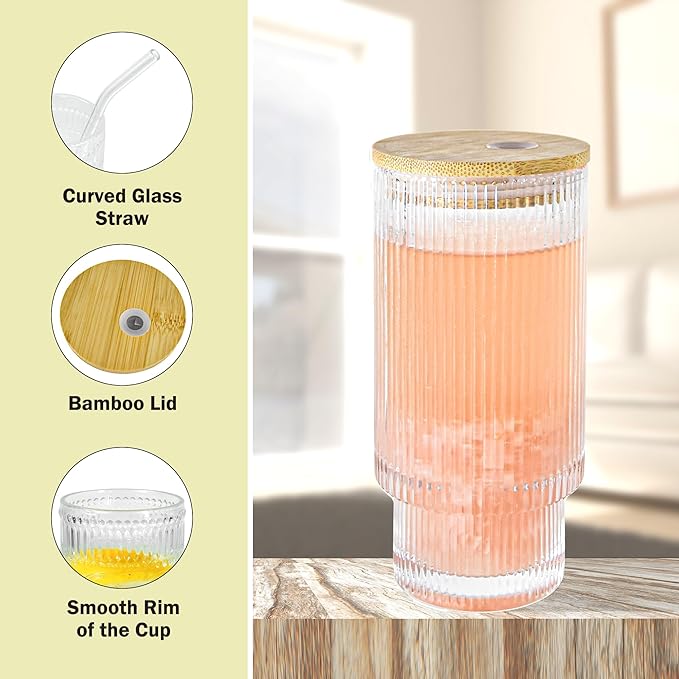 16oz Glass Cup with Lids Straws Brush Vintage Glassware for Mojito Iced Coffee Soda Smoothie Whiskey(Ribbed & Hobnail)