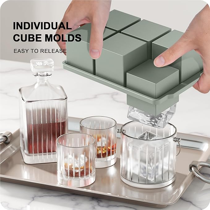 VLM 3 Packs Large Ice Cube Molds with Stackable Lid,Silicone Ice Cube Tray for Freezer,Big Square Ice Tray for Whiskey,Cocktails,Bourbon and Soups (Set 4)