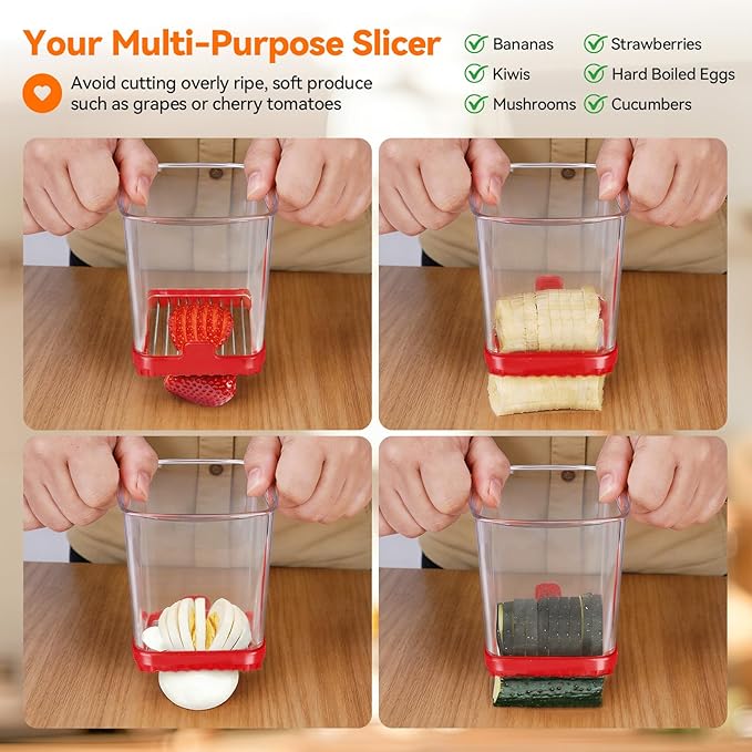 3-in-1 Strawberry Banana Egg Slicer Cup | Detachable Fruit Cutter with Push Plate for Effortlessly Safe Slicing | Quick Meal Prep & Snacks Kitchen Gadget (Red)