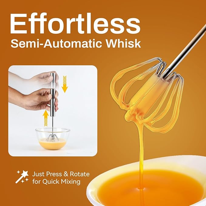 Stainless Steel Semi-Automatic Whisk, 2025 Upgraded Stainless Steel Egg Whisk Hand Push Rotary Whisk, Hand Push Mixer Stirrer Tool for Cooking Kitchen Home Egg Milk (10in)