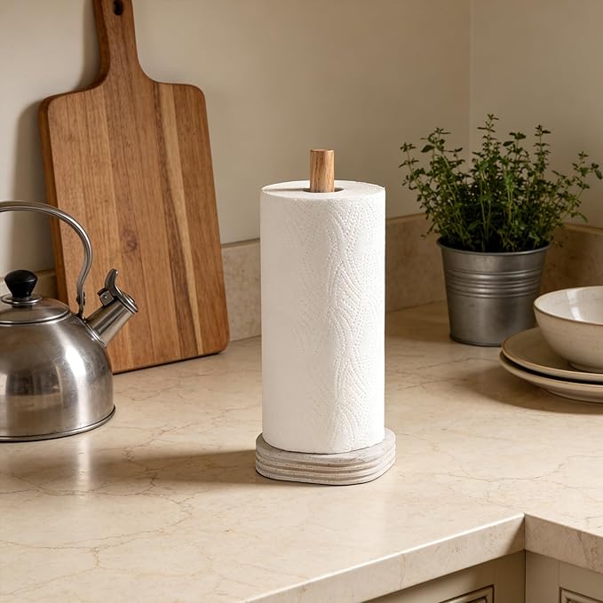 Natural Travertine Textures Standing Paper Towel Holder for Kitchen Countertop, Bathroom Toliet Paper Roll Holder with Weighted Base and Sturdy Wood Stand,for Standard or Plus Rolls, Height-Adjustable