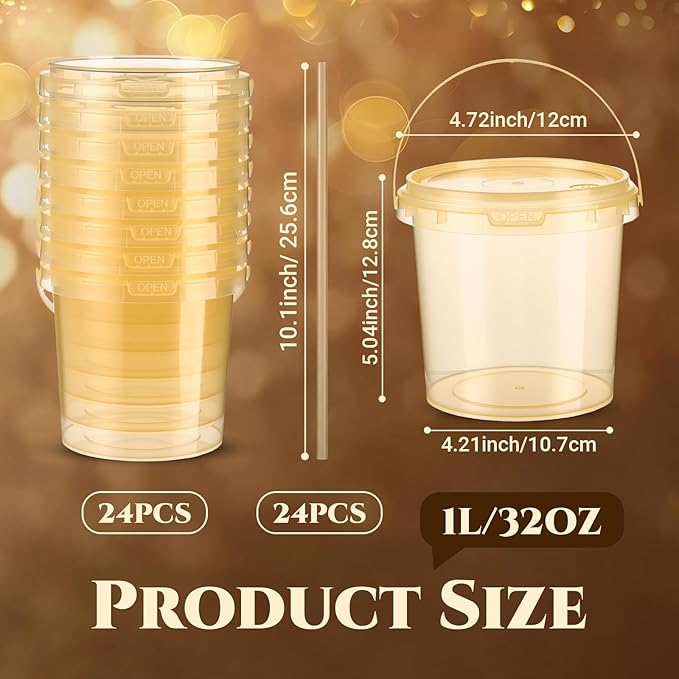 Funnymoom 24 Pack 32 oz Plastic Rum Buckets for Drinks with Straws Ice Cream Cocktail Bucket with Lids and Handles Reusable Food Containers Cup for Parties Summer Beach Bar Beer (Gold)