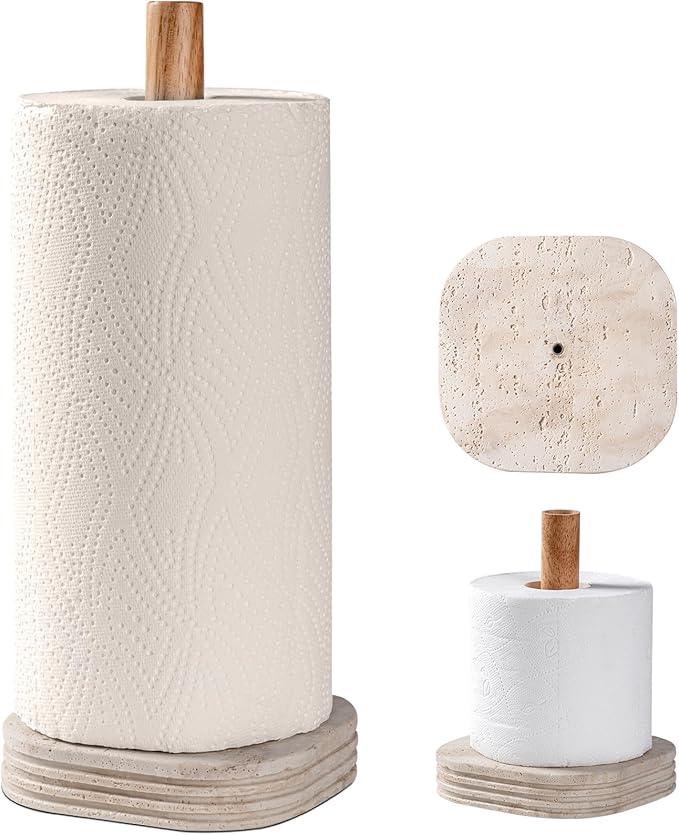 Natural Travertine Textures Standing Paper Towel Holder for Kitchen Countertop, Bathroom Toliet Paper Roll Holder with Weighted Base and Sturdy Wood Stand,for Standard or Plus Rolls, Height-Adjustable