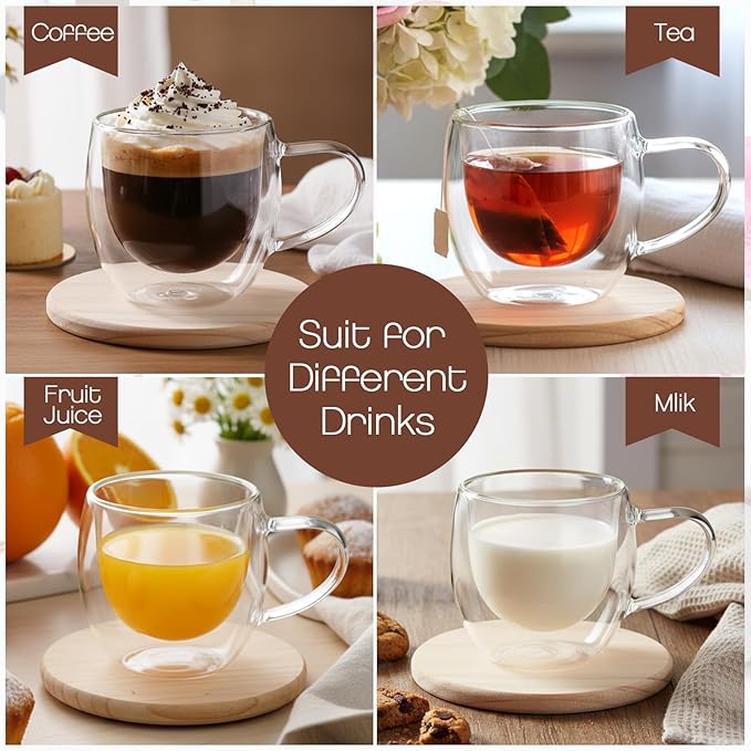 Gerrii Espresso Cups Double Walled Espresso Shot Glass with Handle Cups Insulated Clear Small Shot Glasses for Cappuccino Latte Hot Beverage (2.5 oz,Round Bottom,25 Pcs)