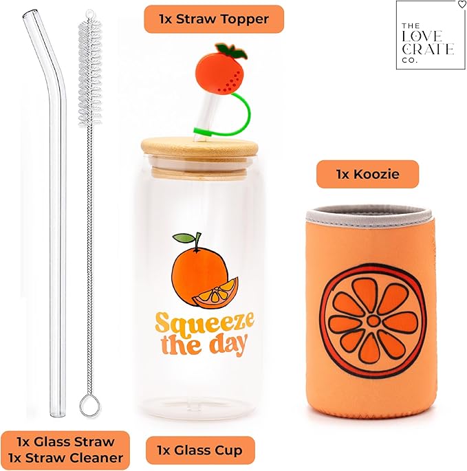 The Love Crate Co. Orange Gifts for Women - Glass Tumbler with Lid and Straw, Customized Straw Stopper and Cup Sleeve. Aesthetic Unique Design Iced Coffee Gift Cup for Mom, Teacher, Friend