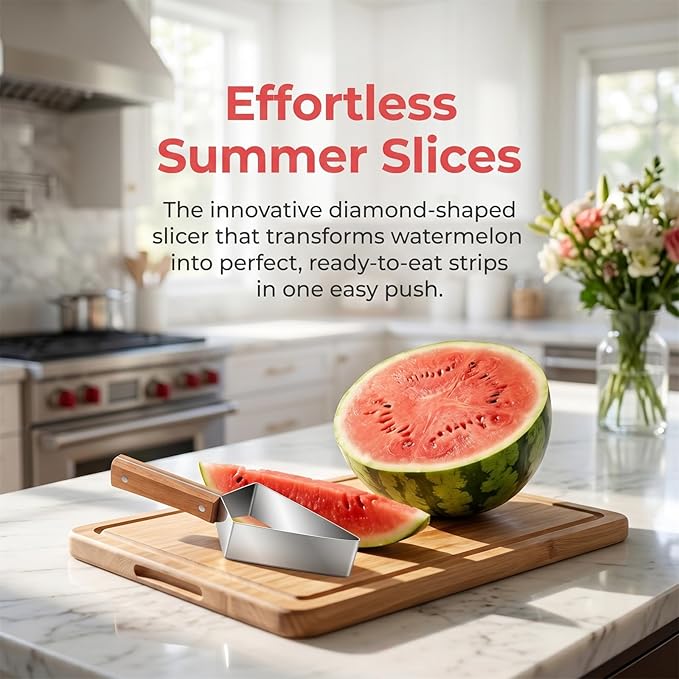Premium Watermelon Cutter, Stainless Steel Watermelon Cutter Slicer Tool with Wooden Handle, Comfortable Non-slip Handle Multi-Functional Fruit Tool for Watermelon, Cantaloupe & Honeydew (2pcs)