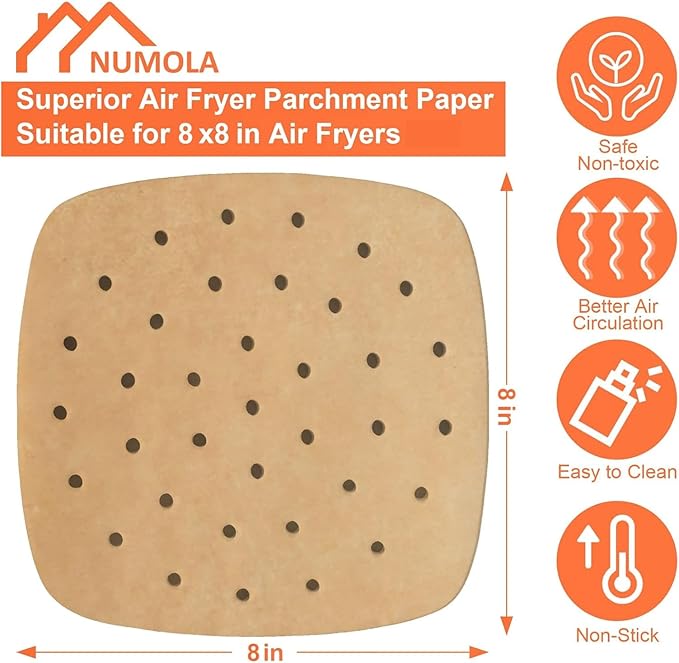 Numola 100 Pcs Air Fryer Liners Disposable Parchment Paper, 8 Inch Perforated Airfryer Sheets for Baking, Square Unbleached Non-Stick Steamer Liner for Oven, Microwave, Steaming Basket