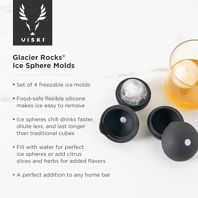 Viski Sphere Ice Molds, Large 2 Inch Silicone Ice Ball Makers for Whiskey, Bourbon, Scotch, and Cocktails, Easy Release Round Mold Set for Drinks, Home Bar Gifts, Bar Cart Accessories, Set of 4