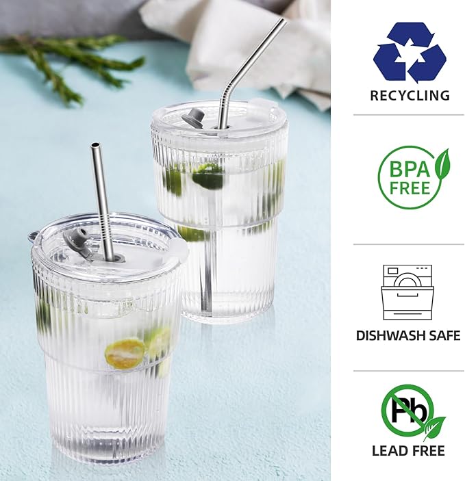 16 OZ Reusable Iced Coffee Cups with Lids and Straws, Unbreakable Plastic Drinking Glasses for Iced Tea, Juice, Water, BPA Free, Dishwasher Safe, Set of 8
