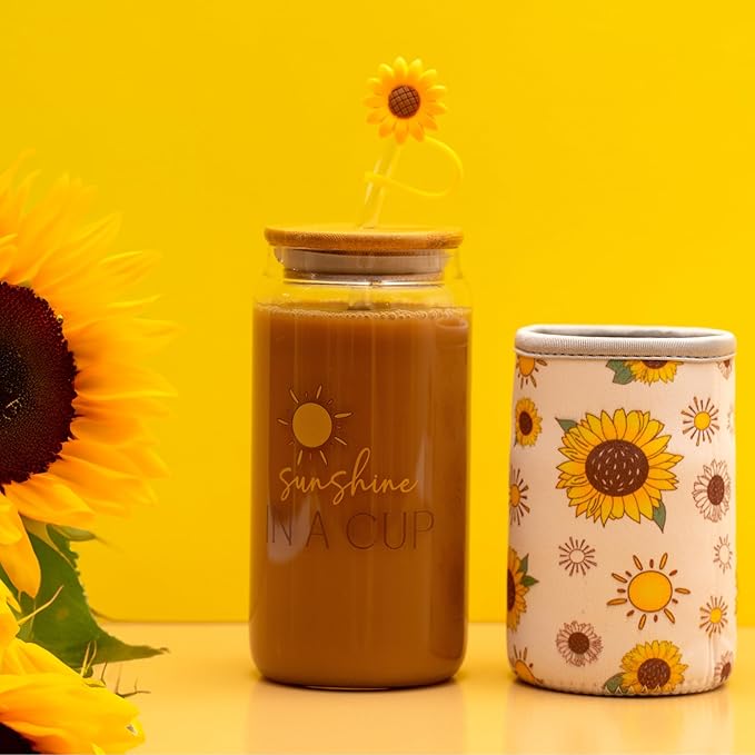 The Love Crate Co. Sunflower Gifts for Women - Glass Tumbler with Lid and Straw, Customized Straw Stopper and Cup Sleeve. Aesthetic Unique Design Iced Coffee Gift Cup for Mom, Teacher, Friend