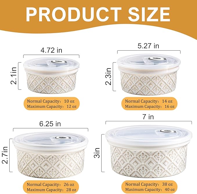 Airtight Food Storage Containers with Lids Mixing Bowls Set, Ceramic Serving Bowls with Lids Set of 4, 12/16/28/40 oz Stackable Nesting Salad Bowls for Cooking, Baking, Ramen - Beige