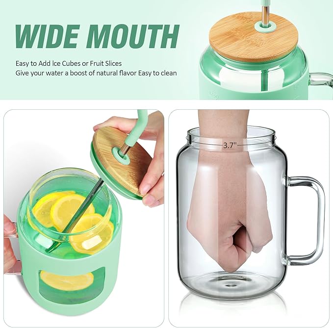 WINSA 50 oz Glass Water Bottles with Silicone Sleeve,Glass Tumbler with Lid and Straw,Iced Coffee Cup with Handle,BPA Free-Green