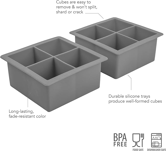 Tovolo Elements XL, Set of 2 Silicone Trays Extra-Large Ice Cubes for Whiskey, Bourbon, Cocktails & More, BPA-Free & Dishwasher-Safe, Cool Gray, xl trays (22025-202)