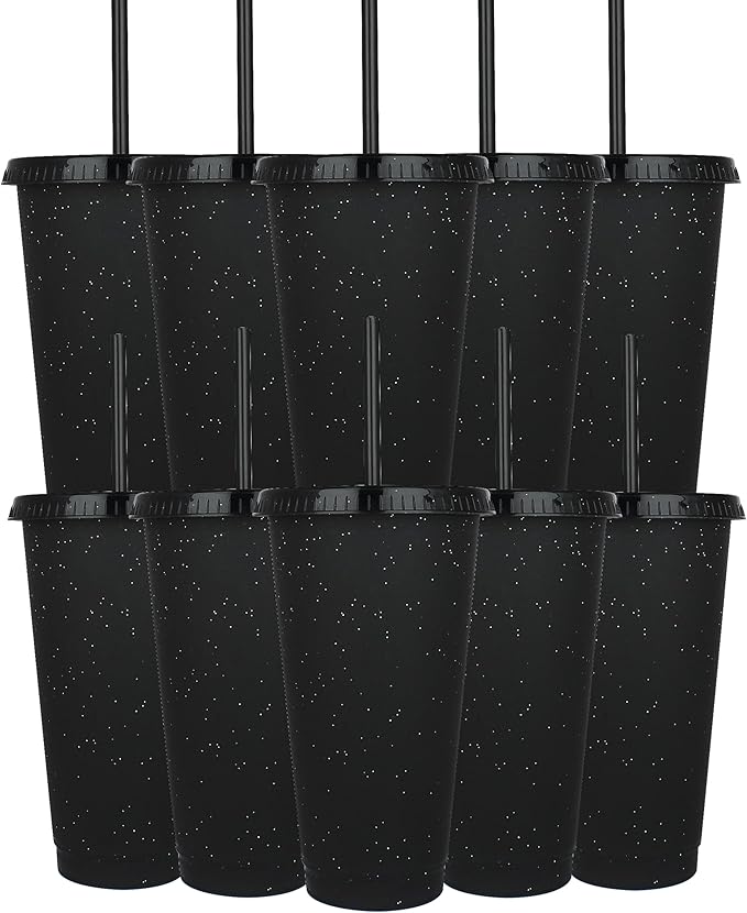 Suertestarry Tumbler with Straw and Lid,Water Bottle Iced Coffee Travel Mug Cup,Reusable Plastic Cups,Perfect for Parties,Birthdays… (Black Glitter, 10 pack)