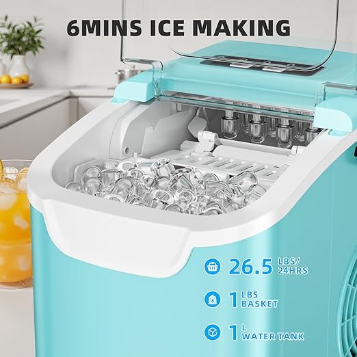 Antarctic Star Countertop Ice Maker, Portable Ice Machine with Carry Handle, 26.5Lbs/24H, 2 Sizes Bullet Ice, 8Cubes in 6 Mins Office/Kitchen/Bar White