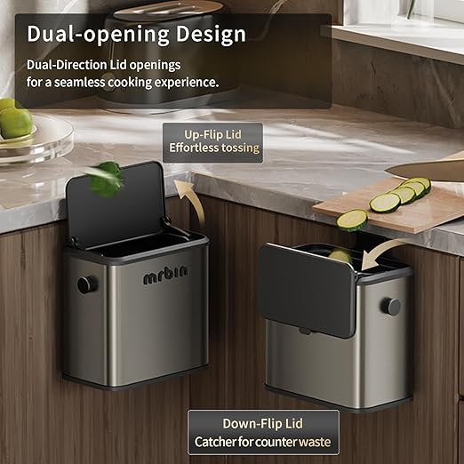 MRBIN Stainless Steel Compost Bin Countertop with Lid, Hanging Trash Can for Kitchen Cabinet Door, Indoor Recycle Basket Food Waste Scrap Dustbin for Kitchen Under Sink with Inner Bucket