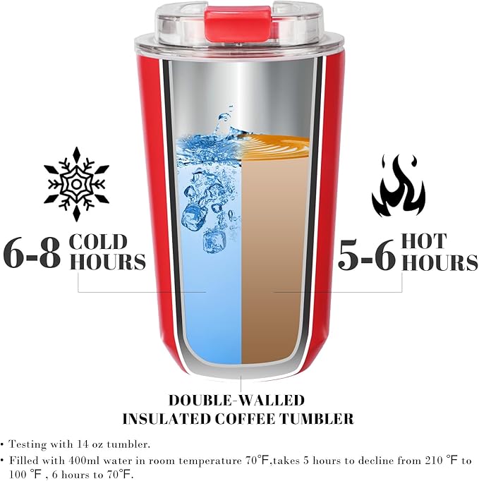 Puraville Insulated Tumblers with Lid, 14 oz Travel Coffee Mug Stainless Steel Vacuum Cup, Leak Proof Reusable Double Walled Coffee Tumbler for Iced and Hot Drinks, Red