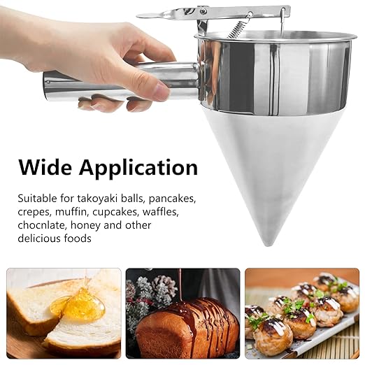 Stainless Steel Pancake Batter Dispenser, Funnel Dispenser with Stand, Kitchen Must Have Tool for Perfect Pancakes, Cupcake, Waffle, Muffin Mix, Cake & Crepe, Easy Pour Baking Supplies for Griddle