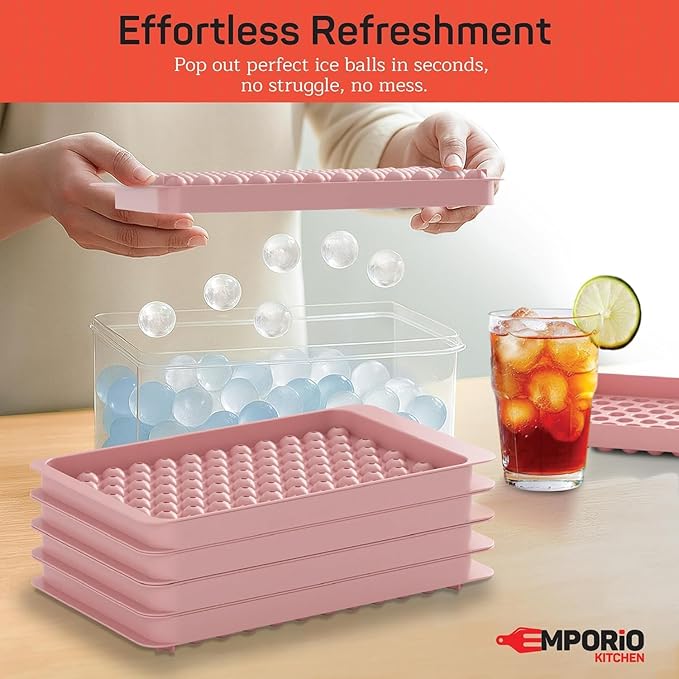 Emporio Kitchen Round Ice Cube Tray Set Pack of 1, BPA-Free Stackable Trays with Lid & Tongs, 104 Ice Balls Per Tray for Whiskey, Drinks, and Cocktails, Quick Release Round Ice Cube Mold, Pink