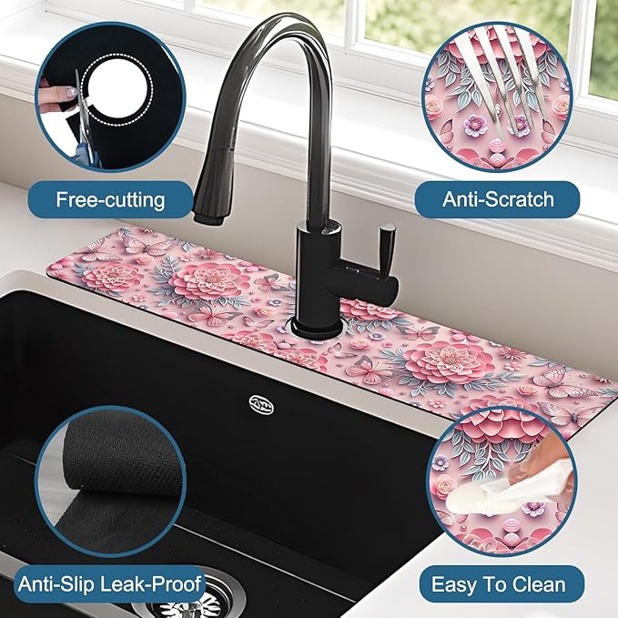Pink Floral Sink Splash Guard Faucet Mat Flower Butterfly Super Absorbent Fast Drying Mat Sink Gadgets-Splash Guard Behind Faucet Drip Catcher for Kitchen Bathroom, 23.5"x5.5"