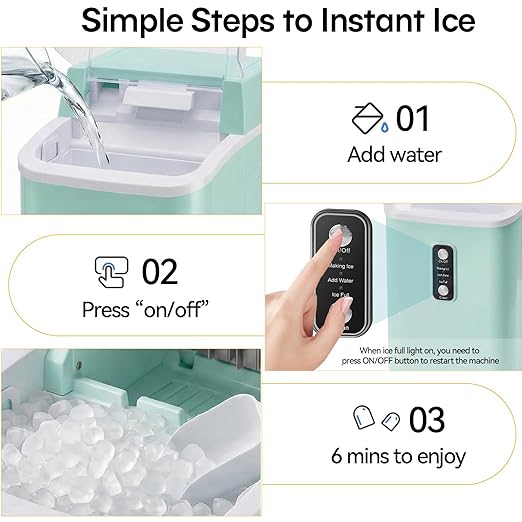 NEWBULIG Nugget Ice Makers Countertop, Portable Nugget Ice Machine, Ready in 6 Mins, 24lbs in 24Hrs, Auto-Cleaning, with Basket and Scoop, for Home, Kitchen, RV, Camping, Green