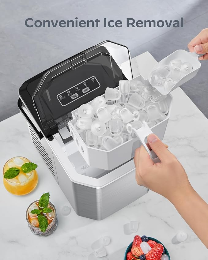 Ice Maker Countertop, Stainless Steel Portable Ice Machine with Carry Handle, Self-Cleaning Ice Makers with Basket and Scoop, 9 Cubes in 6 Mins, 26 lbs per Day, Stainless Steel