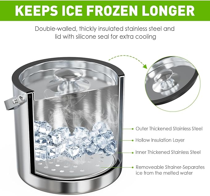 3.2L/3.4QT Insulated Ice Bucket with Silicone Lid, Tongs & Strainer, Double Wall Stainless Steel Ice Bucket for Parties and Cocktail Bar, Upgraded Silicone Cover Keep Ice Frozen Longer