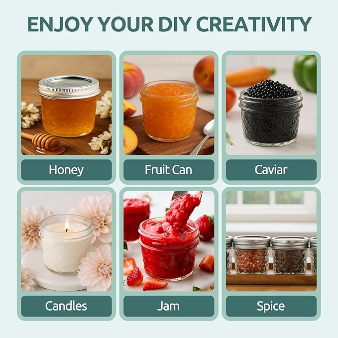 Tecohouse 16 Pack, 4 oz Small Mason Jars with Leakproof Lids, Regular Mouth Mason Jars | 4 oz Glass Jars with Lids for Honey, Jam, Snacks, Spices, DIY Candles & Crafts