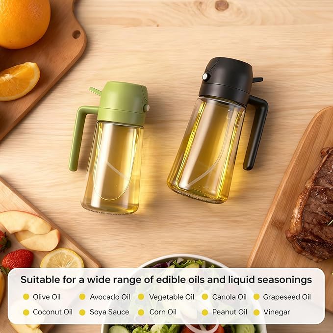 2Pcs Glass Oil Sprayer for Cooking 16oz/470ml, Kitchen Gadget for Air Fryer, Salad, BBQ, Frying（Black+Green）