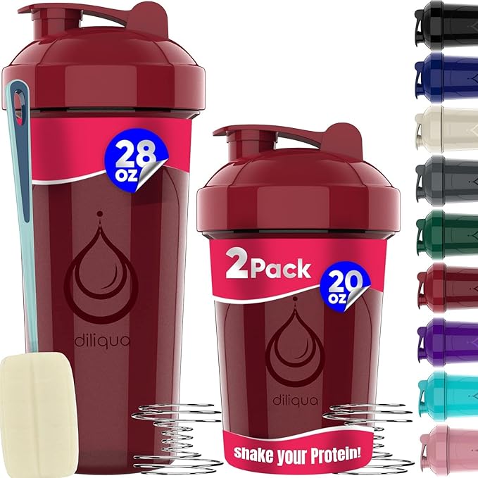 diliqua 2 PACK, 28 oz & 20 oz Shaker Bottles with Powerful Wire Whisks for Protein Mixes | Leakproof Blender Shaker Bottle Pack | BPA-Free & Dishwasher Safe | Shaker Bottle | Shaker Cups for shakes