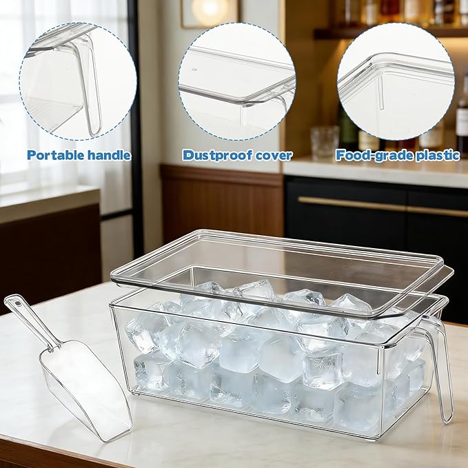 CIEOVO 2 Set Ice Bin for Freezer with Lid and 2 Scoop Set Plastic Freezer Ice Bin with Pull-Out Handle Clear Storage Bucket Kitchen Food Storage Organizer for Home Office Fridge Kitchen