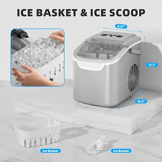 Antarctic Star Countertop Ice Maker Machine, 8 Cubes in 6 Mins, 26.5 lbs/Day, Self-Cleaning, 2 Sizes, Ultra-Quiet for Home/Kitchen/Camping/RV Grey