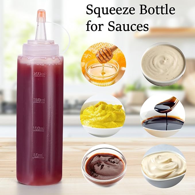 Premium Leak-Proof Squeeze Bottles Plastic Sauce, Ketchup, Condiment & Syrup Dispenser for Kitchen, Pancake Batter, Salad Dressing, Cooking Oil - BPA Free, Dishwasher Safe (4, 8oz)