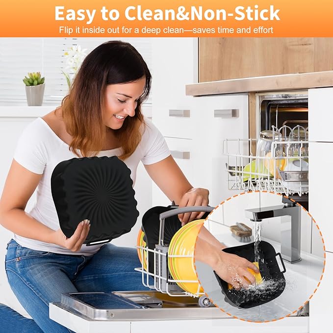 2 Pack Silicone Air Fryer Liners,7.8 Inch Reusable Air Fryer Basket for 4-7 QT Air Fryers,with Handles,Non-Stick,Food Grade Silicone Tray,Replacement for Parchment Paper – Oven Microwave Safe